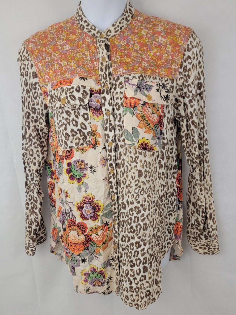 PILCRO Women Button Down Shirt M Cheetah Floral Patchwork Country Boho Cowgirl